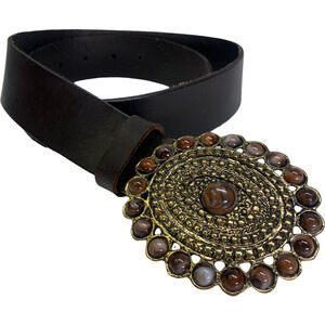 Dark Brown Genuine Leather Beaded Medallion Buckle Leather‎ Belt